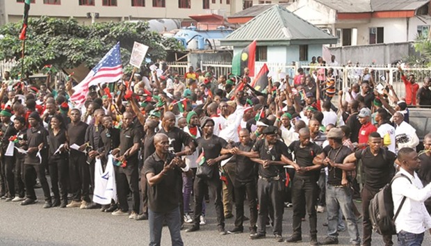 Supporters of the Indigenous People of Biafra (IPOB) march in Port Harcourt on Friday in support of US President Donald Trump.