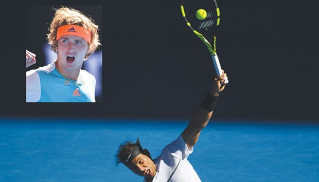 Spainu2019s 14-times Grand Slam champion Rafael Nadal serves to rising German Alexander Zverev (inset) during their third round match in Melbourne yesterday.