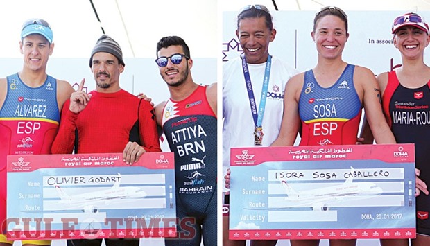 Doha Triathlon men's category winner Olivier Godart of Luxembourg (centre) with second-placed Aday Alvarez of Spain (left) and third-placed Abdulla Attiya of Bahrain. RIGHT: Women's category winners Isora Caballero of Spain (centre), Carmel Lord of South Africa (second) and Gerda Maria of Romania (third). PICTURES: Shaji