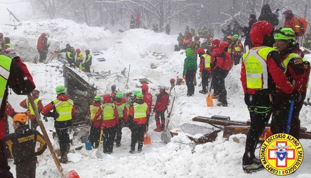 Rescue workers search around the Hotel Rigopiano in Farindola, central Italy, hit by an avalanche.