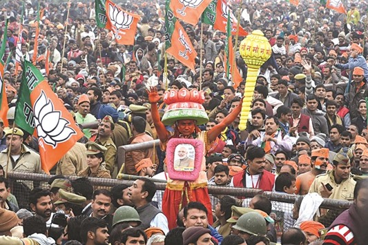 BJP supporters attend a rally addressed by Prime Minister Narendra Modi in Lucknow yesterday.