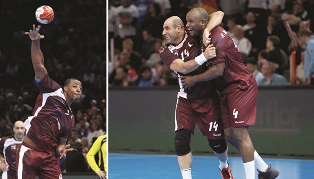 Qataru2019s Rafael Capote shoots a free throw. The left-back scored nine goals to be adjudged MVP of the match.  RIGHT PHOTO: Qataru2019s Bassel al-Rayes (left) and left wing Hassan Mabrouk celebrate the win. (AFP)