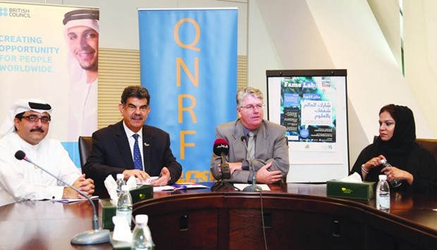 Dr Frank Fitzpatrick and Dr Abdul Sattar al-Taie, flanked by officials from QNRF, announce the second Qatar edition of the FameLab competition yesterday. PICTURE: Jayan Orma.