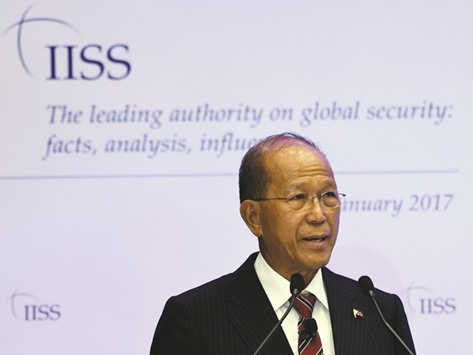 Defence Minister Delfin Lorenzana addresses the Fullerton Forum at the Shangri-La Dialogue Sherpa Meeting, organised by the International Institute for Strategic Studies, in Singapore yesterday.