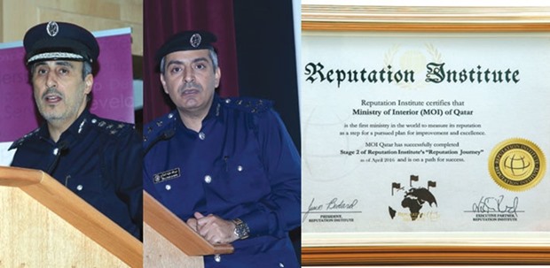 Brigadier Abdul Rahman al-Sulaiti and Brigadier Abdullah Khalifa al-Muftah. Right: The certificate awarded to the MoI.