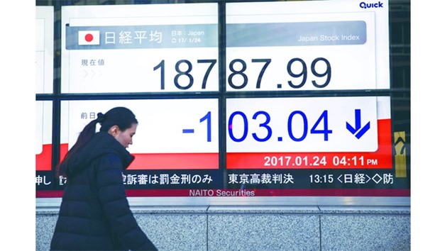 A pedestrian walks past an electronic quotation board flashing the Nikkei key index in Tokyo. Tokyo stocks slipped as exporters were hit by a yen rally, fuelled by concerns over President Donald Trumpu2019s global trade plans and comments from his Treasury Secretary pick over a stronger dollar.