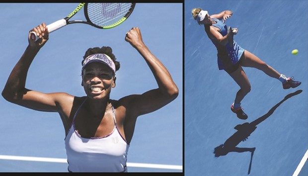 Venus Williams of the US celebrates her victory over Russiau2019s Anastasia Pavlyuchenkova in their singles quarter-final match at the Australian Open in Melbourne yesterday. Williams will face Coco Vandeweghe (right) in semifinal. (AFP)
