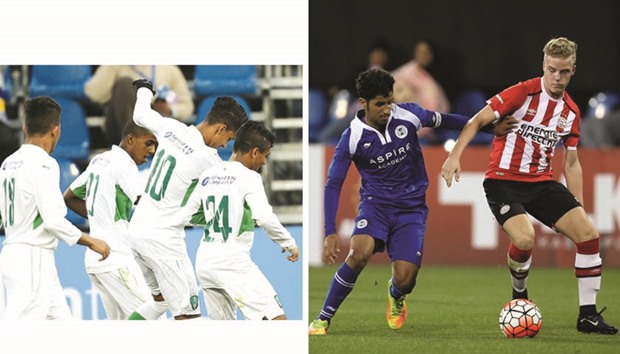 LEFT PHOTO: Al Ahliu2019s Haitham Asiri (second from left) celebrates the match-winning goal with teammates during their under-17 Al Kass International Cup match against Paris Saint-Germain at Aspire Zone yesterday.  RIGHT PHOTO: Action from the match between Aspire Academy (in blue) and PSV Eindhoven (in white, red and black) yesterday. Aspire Academy won 1-0.  PICTURES: Jayaram