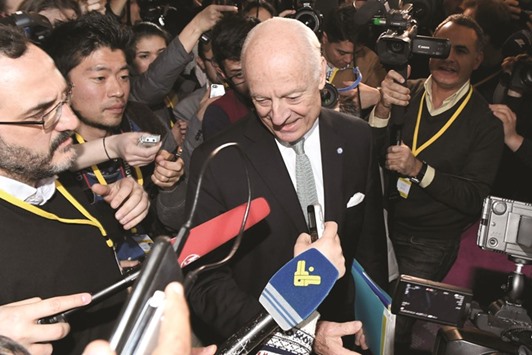 UN envoy for Syria Staffan de Mistura speaks to the media during the second day of Syria peace talks at Astanau2019s Rixos President Hotel yesterday.