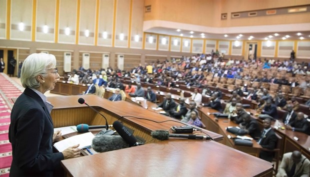 IMF Managing Director Christine Lagarde (L) speaking at the National Assembly in Bangui