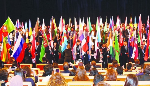 The flag procession at the opening ceremony of the Thimun Qatar 2017 conference