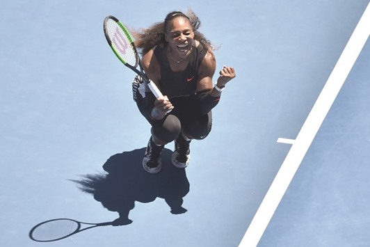 Serena Williams of the US celebrates her victory over Britainu2019s Johanna Konta in their quarter-final at the Australian Open in Melbourne yesterday. (AFP)