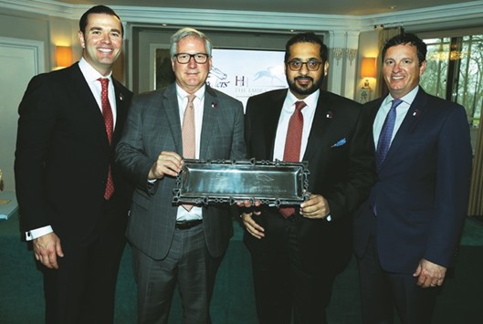 QREC general manager Nasser Sherida al-Kaabi (second from right) and Breedersu2019 Cup president and CEO Craig Fravel (second from left) at the press conference announcing the new partnership between the two horse racing bodies in London yesterday.