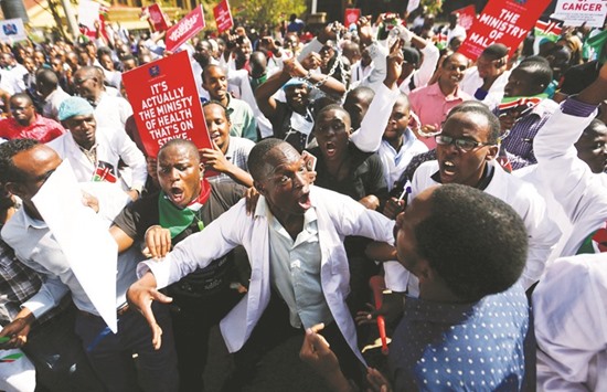 Doctors chant slogans outside the employment and labour relations courts in Nairobi.