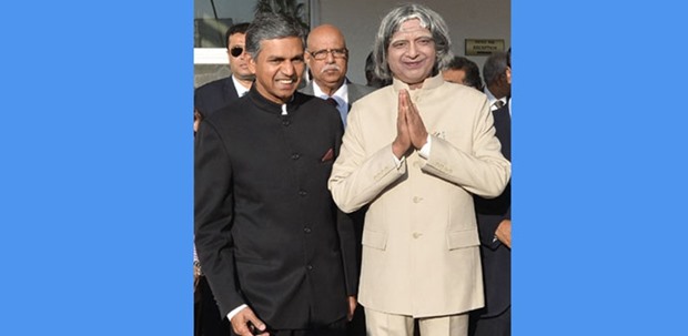 Mammoonj (right) as A P J Abdul Kalam along with Indian ambassador P Kumaran yesterday. PICTURE: Noushad Thekkayil