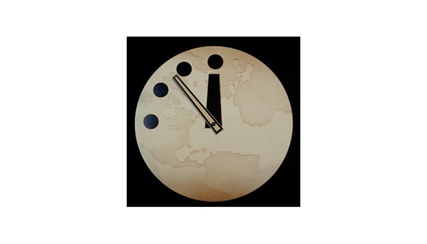 A 2002 file photo of the Bulletin of Atomic Scientistu2019s u2018Doomsday Clocku2019 reading seven minutes to midnight.