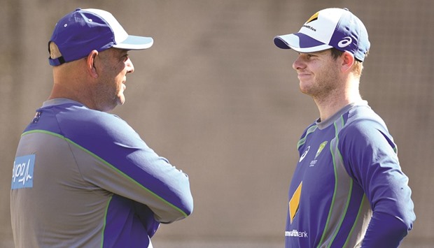 File picture of Australian coach Darren Lehmann (L) talking with captain Steve Smith (R) during a practice session in Melbourne.