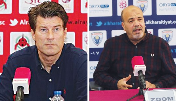 Rayyan coach Michael Laudrup (L) and Kharaitiyat coach Ahmad al-Ajlani during the pre-match press conferences.