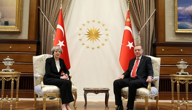 Turkish President Tayyip Erdogan meets with Britain's Prime Minister Theresa May at the Presidential Palace in Ankara. Reuters