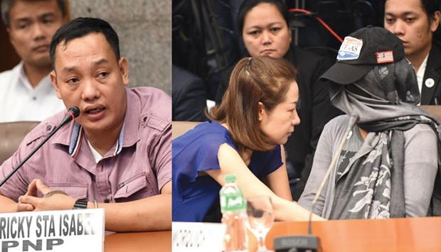 A recent photo shows Choi Kyung-jin (left), wife of late South Korean businessman Jee Ick-Joo, who was  murdered allegedly by suspected policemen, talking to Marissa Morquicho, the house helper of her husband, at the start of Senate hearing in Manila.