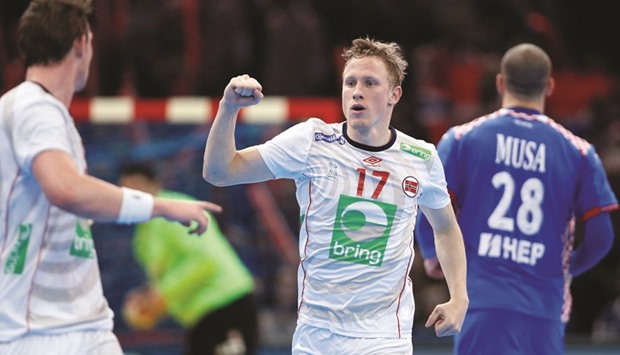 Norwayu2019s left wing Magnus Jondal celebrates a goal during the 25th IHF Menu2019s World Handball Championship 2017 semi-final against Croatia at the Accorhotels Arena in Paris on Friday. (AFP)