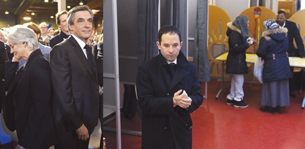 Fillon and his wife Penelope arrive for the rally in Paris. Right: Hamon leaves after casting his ballot in the second round of the French leftu2019s presidential primary election in Trappes.