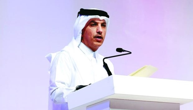 HE al-Emadi addresses the Egmont Group meeting in Doha on Monday.