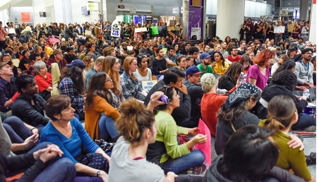 Demonstrators during anti-Donald Trump immigration ban protests in Terminal 4 at San Francisco International Airport in San Francisco.