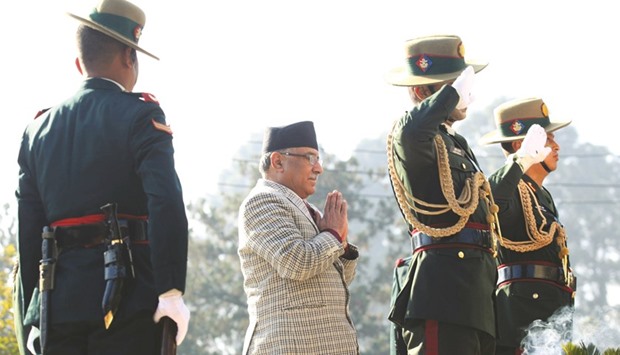 Nepal Prime Minister Pushpa Kamal Dahal, second left, attends a ceremony at the Martyrs Memorial on the Martyrsu2019 Day in Kathmandu recently. The Martyrsu2019 Day is observed on January 29 throughout the country by commemorating all known and unknown individuals who sacrificed their lives for the country.