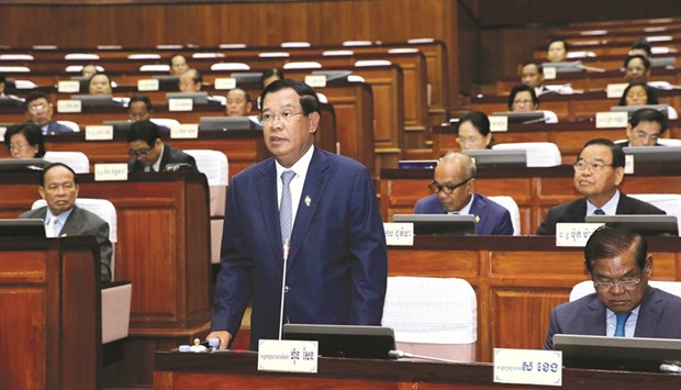Cambodian Prime Minister Hun Sen speaks during parliament session at the National Assembly building in Phnom Penh.