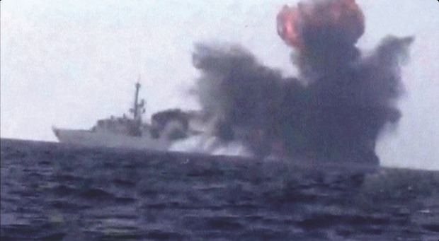 An explosion is seen onboard what is believed to be a Saudi warship, off the western coast of Yemen in this still frame taken from video posted by Houthi-run Al-Masirah television on their social media website, and obtained by Reuters yesterday.