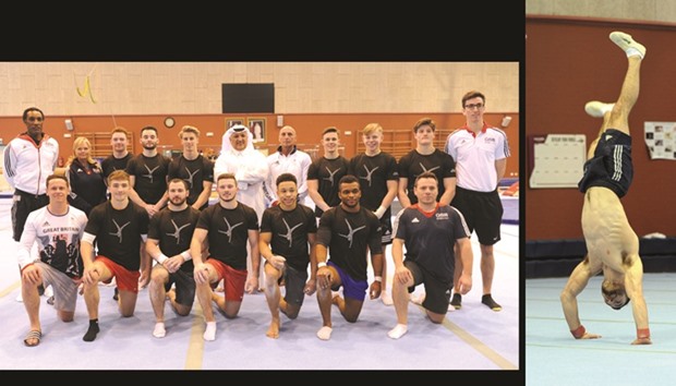 Great Britain gymnastics contingent pose with President of Qatar Gymnastics Federation Ali al-Hitmi yesterday. PICTURE BY: Othman Iraqi.  (RIGHT PHOTO) A British gymnast practices during a training camp in Doha.