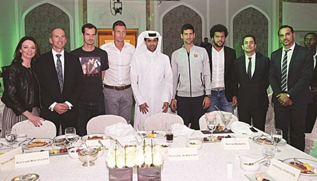 Players and officials pose at a gala dinner hosted by ExxonMobil Qatar and the Qatar Tennis Federation to celebrate the tournamentu2019s 25th anniversary.