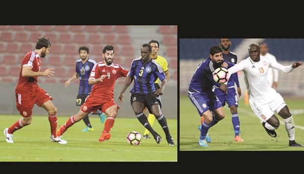 Al Sailiyau2019s Mohamed Muddather (right) in action against Al Arabi yesterday. PICTURE: Shemeer Rasheed.   RIGHT: Umm Salalu2019s Yannick Sagbo (right) in action against Al Khor. PICTURE: Anas Khalid