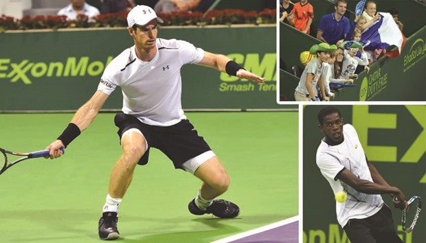 LEFT: Andy Murray en route to a straight-set win over Jeremy Chardy in the first round of the Qatar ExxonMobil Open at the Khalifa International Complex in Doha yesterday.  TOP RIGHT: Fans cheer for Frenchman Jo-Wilfried Tsonga during his win over Andrey Kuznetsov of Russia.   TOP BELOW: Wild card Mubarak Shannan Zayid of Qatar lost his first round match to Russiau2019s Karen Khachanov 6-1, 6-3.  PICTURES: Noushad Thekkayil