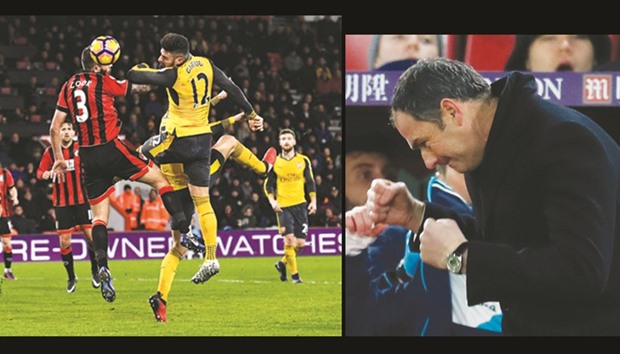 LEFT: Giroud late show seals Arsenal escape against Bournemouth.   RIGHT: New Swansea City manager Paul Clement celebrates his teamu2019s win over Crystal Palace on Tuesday. (Reuters)