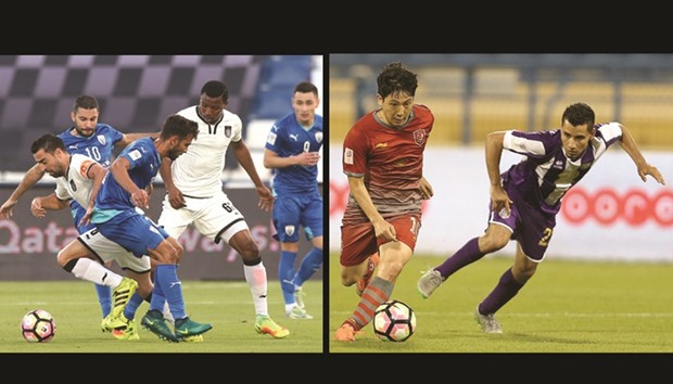 LEFT PHOTO: Al Saddu2019s Xavi (left) in action during the Qatar Stars League match against Al Kharaitiyat yesterday. PICTURE: Othman Iraqi.   RIGHT PHOTO: Lekhwiyau2019s Nam Tae Hee (left) in action against Muaither. PICTURE: Anas Khalid