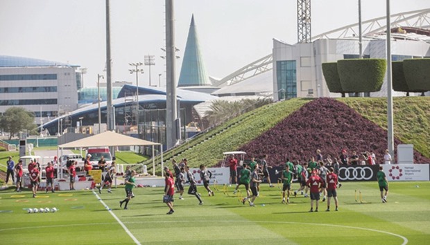 Bayern Munich players during their training session at the Aspire Zone yesterday. Bayern coach Carlo Ancelotti addressing the media.