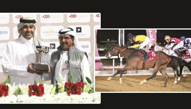 LEFT PHOTO: Trainer Ibrahim al-Malki (left) receives the trophy from Qatar Racing and Equestrian Club vice-chief steward Abdulla Rashid al-Kubaisi after Victory Laurel won the Al Ghariya Cup yesterday.   RIGHT PHOTO: Jockey Eduardo Pedroza (left) rides Victory Laurel to victory in the Al Ghariya Cup at QREC yesterday. PICTURES: Juhaim