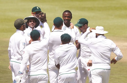South Africau2019s Kagiso Rabada celebrates after taking wicket of Sri Lankau2019s Angelo Mathews. (Reuters)