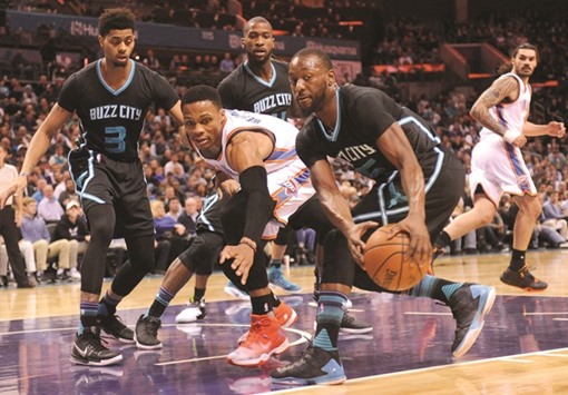 Charlotte Hornets Kemba Walker (15) and Oklahoma Thunder guard Russell Westbrook (0) go after a loose ball during the first half. PICTURE: USA TODAY Sports