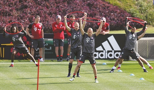 Bayern Munich players take part in a training session at the Aspire in Doha yesterday. (Reuters)