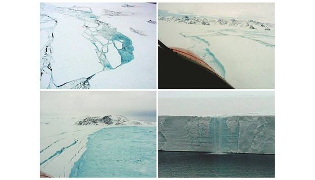 A combination of aerial photographs taken in February and March 2002 of parts of the Larsen B shelf in the Antarctic show different aspects of the final stages of the collapse. The pictures show (clockwise from top left) the shelf breaking up near Foca Nunatak, a rift in the ice sheet near Cape Desengano, a cascade of water from melting ice nearly 30m high along the front of the shelf, and the new front edge of the shelf breaking up near Cape Foyn.