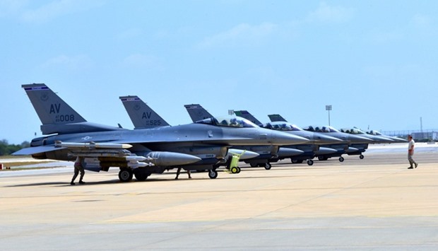 F-16 Fighting Falcons sitting on the tarmac at the Incirlik Air Base in Turkey, where they supported Operation Inherent Resolve as the United States deployed half a dozen F-16 warplanes to the Turkish base to help operations against the Islamic State group.