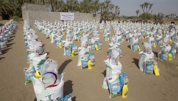 Food packets ready for distribution among Yemen's poor