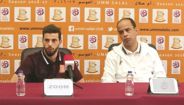 Umm Salal coach Mahmoud Jaber addresses the media at his press conference yesterday.