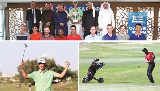 TOP: Qatar Amateur Golf Championship winner Pierrre Verlaar holds his trophy as he poses with Qatar golf officials and other players after his victory yesterday.   BELOW: Verlaar celebrates on the last hole yesterday. At right, runner-up Saleh al-Kaabi of Qatar chips from the rough. PICTURES: Jayaram