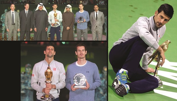 TOP LEFT PHOTO: Djokovic and Murray with Qatar Tennis Federation president Nasser al-Khelaifi (3rd right), former QTF chief Ali Alfardan (third from left) and other officials and dignitaries.   BELOW LEFT PHOTO: Novak Djokovic (left) poses with the winneru2019s trophy after beating Britainu2019s Andy Murray in the Qatar ExxonMobil Open final yesterday.  RIGHT PHOTO: Novak Djokovic.  PICS: Jayan Orma