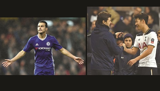 LEFT: Chelseau2019s Pedro celebrates scoring their fourth goal against Peterborough United during their FA Cup Third Round tie at Stamford Bridge yesterday.  RIGHT: Tottenham Hotspuru2019s Argentinian head coach Mauricio Pochettino (L) congratulates his South Korean striker Son Heung-Min after the FA Cup match against Aston Villa.