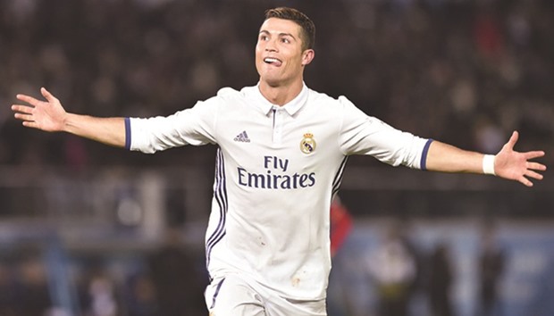 This file photo shows Real Madrid forward Cristiano Ronaldo celebrating after scoring during extra-time of the Club World Cup.